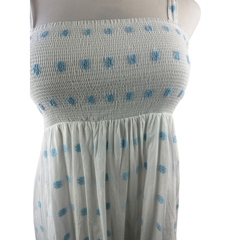 Zara Floral Embroidered Tiered Maxi Sundress Smocked White Blue Dress Size Large - Picture 6 of 16